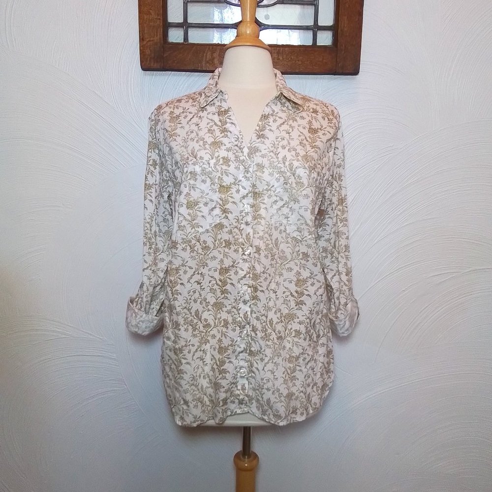 Floral Button Down Shirt White Collared Shirt size L